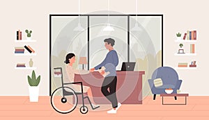 Invalidita zaměstnání vektor ilustrace návrh malby byt šťastný mladá žena v invalidní vozík třesení ruka 