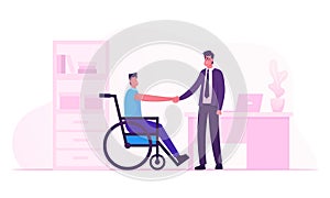 Disability Employment, Work for Disabled People Concept. Handicapped Man Sit in Wheelchair Shaking Hand with Boss