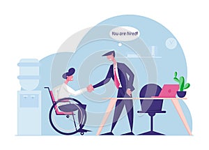 Disability Employment, Work for Disabled People Concept. Handicapped Man Sit in Wheelchair Shaking Hand with Boss