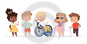 Disability kids. Children in wheelchair unhealthy people handicapped vector people