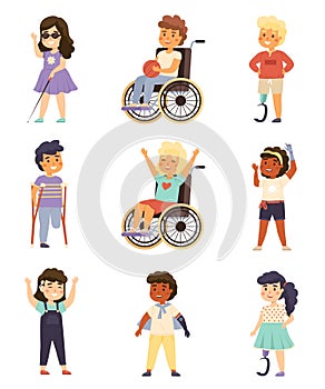 Disability kids. Cute handicapped children with crutches, prosthetic devices, hearing aid and wheelchair, injuries and photo