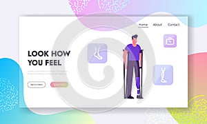 Disability, Orthopedy Medicine Website Landing Page. Invalid Handicapped Man Standing on Crutches with Leg Prosthesis photo