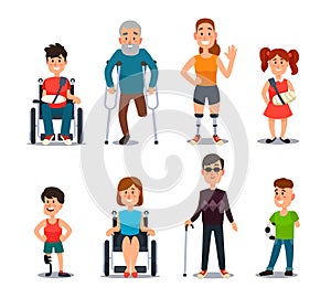 Disability people. Cartoon sick and disabled characters. Person in wheelchair, injured woman, elderly man and sickness child