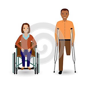 Disability people concept. Invalid woman in wheelchair and disabled man with crutches isolated on a white background.