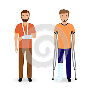 Disability people concept. Two smiling invalid men on a white background.