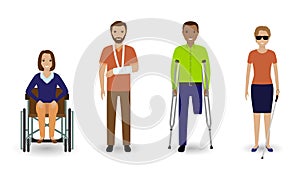 Disability people. Group of invalid men and women on a white background.