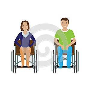 Disability people man and woman in wheelchair. Invalid male and female isolated on a white background.