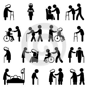 Disability people nursing and disabled health care icons