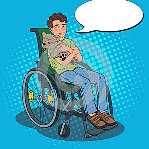 Disability Person. Happy Handicapped Boy Sitting in Wheelchair. Pop Art illustration