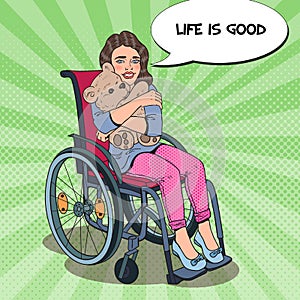 Disability Person. Happy Little Girl Sitting in Wheelchair. Pop Art illustration