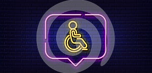 Disability person line icon. Wheelchair user sign. Neon light speech bubble. Vector