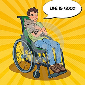 Disability Person. Smiling Boy Sitting in Wheelchair. Pop Art illustration