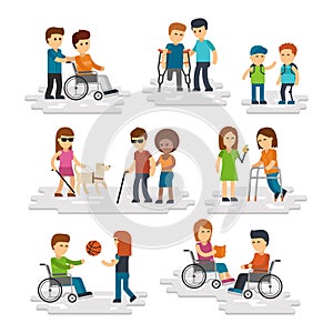 Disability person vector flat. Young disabled people and friends helping them photo
