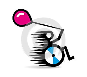Disability sign. Disabled man with a balloon in a speedy wheelchair