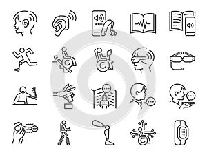 Disability with technology line icon set. Included the icons as assistive device, assistive technologies, adaptive technology, Dis