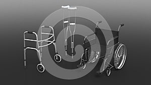 Disability wheelchair, crutch and metallic walker