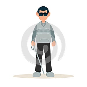 Disable people blind. A blind man was standing with a cane and dark glasses. World Disability Day. Healthcare vector illustration