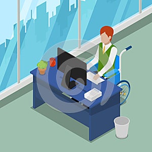 Disable Person in Wheelchair Working at Office. Disability Isometric People.