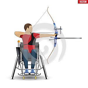 Disabled archer athlete aiming with sports bow