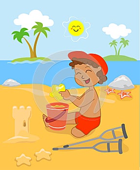 Disabled boy without a leg at the beach, vector