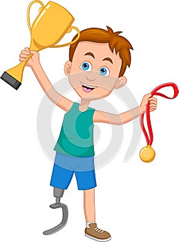 disabled boy winner and holds gold medal