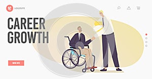 Disabled Businessman Career Growth Landing Page Template. Character in Wheelchair Shaking Hand with Boss or Colleague