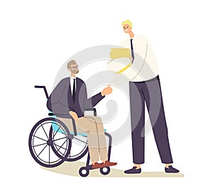 Disabled Businessman Character in Wheelchair Shaking Hand with Business Partner or Boss. Handicapped Manager Meeting