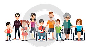 Disabled characters. People with special needs. Student in wheelchair, man with disability and elderly on crutches photo