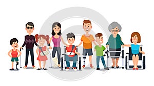 Disabled characters. People with special needs. Student in wheelchair, man with disability and elderly on crutches cartoon vector