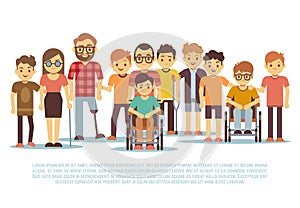Disabled child, handicapped children, diverse students in wheelchair vector set photo