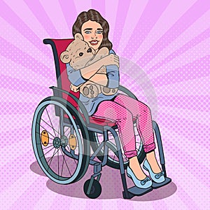 Disabled Child. Happy Little Handicapped Girl in Wheelchair. Pop Art illustration