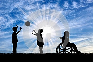 Disabled child in wheelchair crying near children play with ball