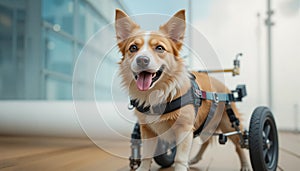 A disabled dog using a wheelchair.