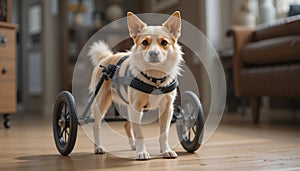 A disabled dog using a wheelchair.