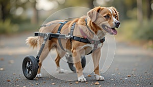 A disabled dog using a wheelchair.