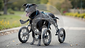 A disabled dog using a wheelchair.