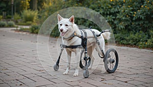 A disabled dog using a wheelchair.