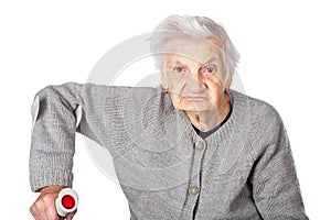 Disabled elderly woman with crutch