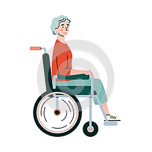 Disabled elderly woman in wheelchair flat cartoon vector illustration isolated.