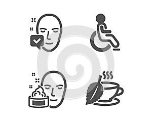 Disabled, Face accepted and Face cream icons. Mint tea sign. Handicapped wheelchair, Access granted, Gel. Vector