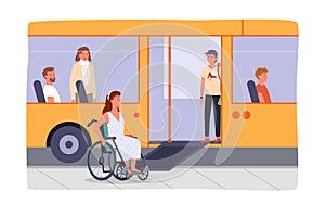 Disabled girl in wheelchair at bus stop, bus with ramp for people with special needs