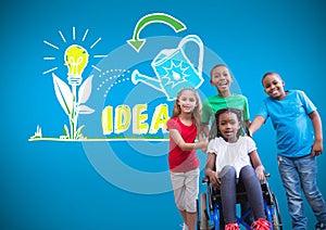 Disabled girl in wheelchair with friends with colorful idea graphic drawings