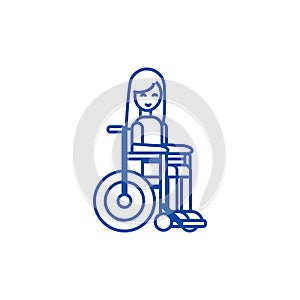 Disabled girl in wheelchair line icon concept. Disabled girl in wheelchair flat vector symbol, sign, outline