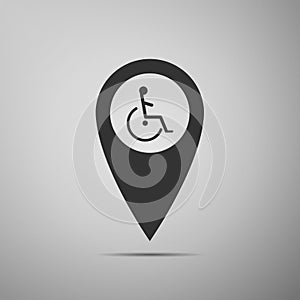 Disabled Handicap icon in map pointer. Invalid symbol icon isolated on grey background