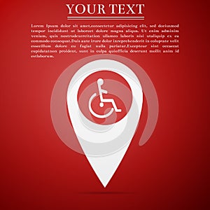 Disabled Handicap icon in map pointer. Invalid symbol icon isolated on red background