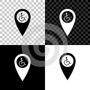 Disabled Handicap in map pointer icon isolated on black, white and transparent background. Invalid symbol. Wheelchair