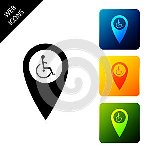 Disabled Handicap in map pointer icon isolated on white background. Invalid symbol. Wheelchair handicap sign. Set icons