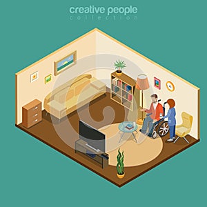 Disabled handicapped cripple invalid home flat isometric vector photo