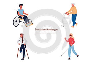 Disabled and handicapped people in wheelchair, with crutches, elderly man with walker, blindness, poor vision banner