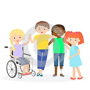 Disabled kids with friends. Handicapped children on white